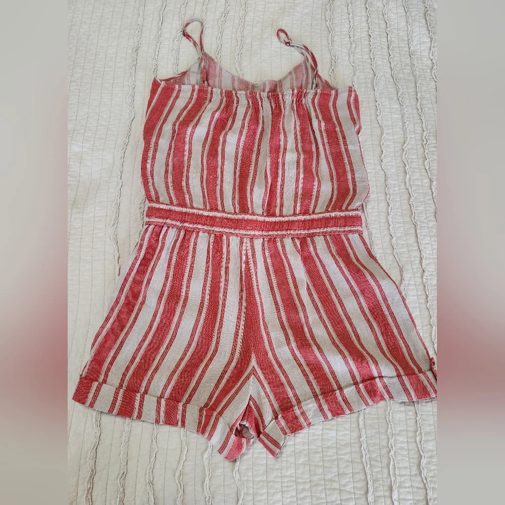 Ann Taylor Loft Linen Blend Coral Striped Romper, Size 10 - Picture 2 of 10